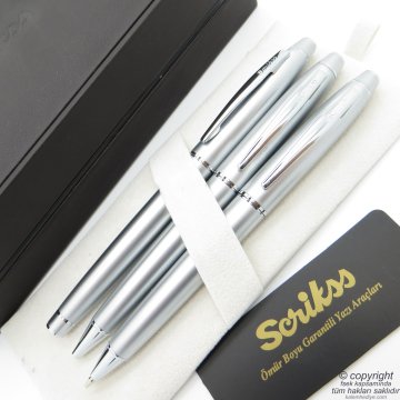 Scrikss 35 3'lü Set Mat Krom Ahşap Deri Kutulu | Dolma Kalem + Tükenmez Kalem + Versatil Kalem | Scrikss Kalem | İsme Özel Kalem | Hediyelik Kalem