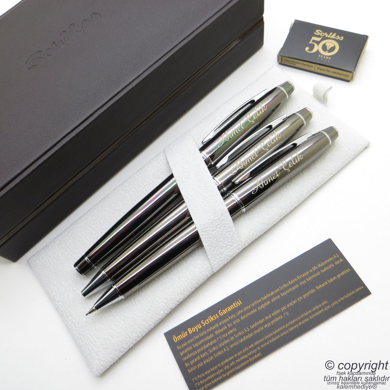Scrikss 35 3'lü Set Titanium Ahşap Deri Kutulu | Dolma Kalem + Tükenmez Kalem + Versatil Kalem Set | Scrikss Kalem | İsme Özel Kalem | Hediyelik Kalem