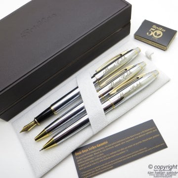 Scrikss 35 3'lü Set Gold Krom Ahşap Deri Kutulu | Dolma Kalem + Tükenmez Kalem + Versatil Kalem Set | Scrikss Kalem | İsme Özel Kalem | Hediyelik Kalem