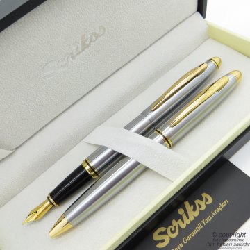 Scrikss 88 Gold Krom Dolma Kalem + Tükenmez Kalem Set | Scrikss Kalem | İsme Özel Kalem | Hediyelik Kalem