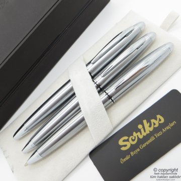 Scrikss 88 3'lü Set Krom Ahşap Deri Kutulu | Dolma Kalem + Tükenmez Kalem + Versatil Kalem Set | Scrikss Kalem | İsme Özel Kalem | Hediyelik Kalem