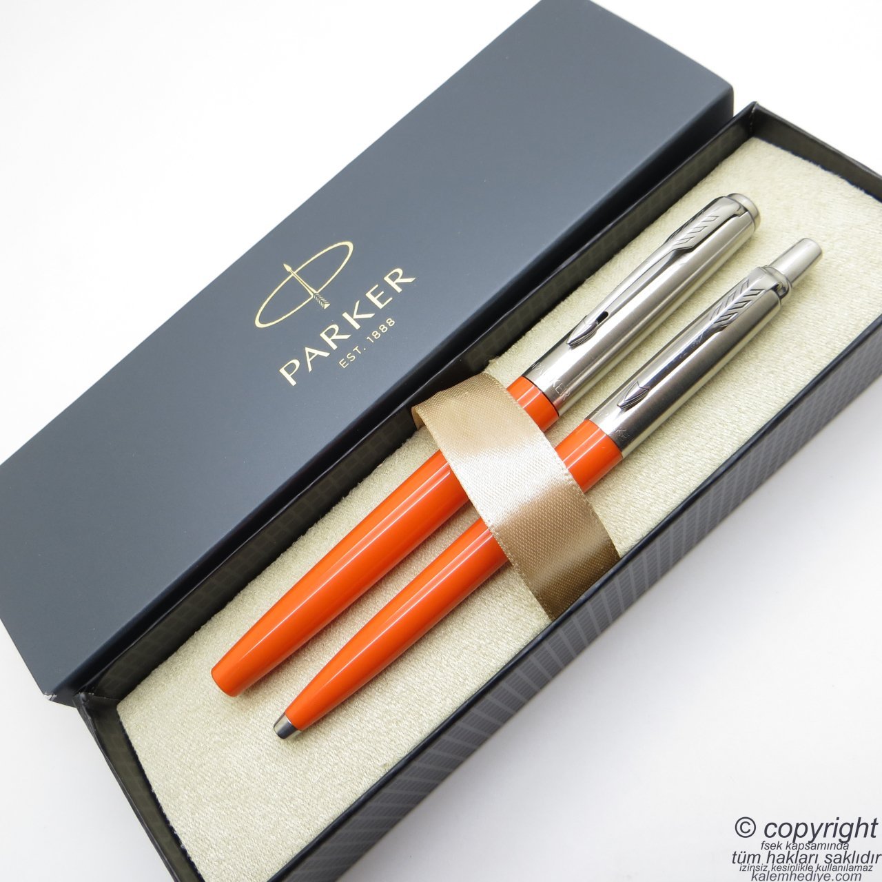 Parker Jotter Original Turuncu Dolma Kalem + Tükenmez Kalem Set | İsme Özel Kalem | Hediyelik Kalem