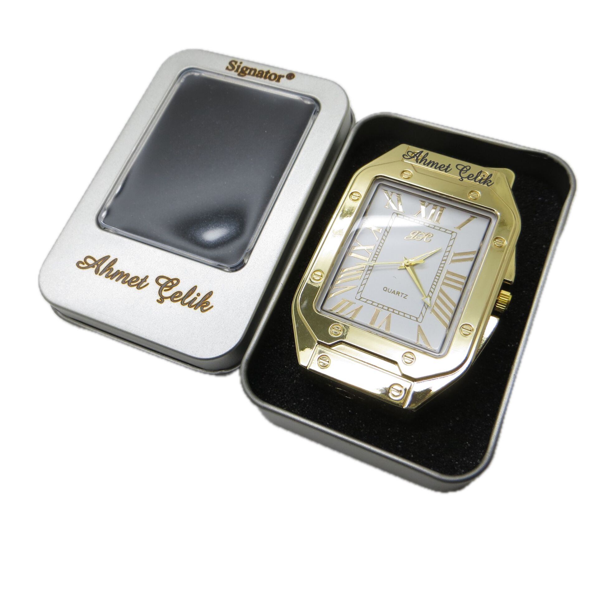 Signator Flame İsme Özel Çakmak Saatli Gold | Hediyelik Metal Kutusunda