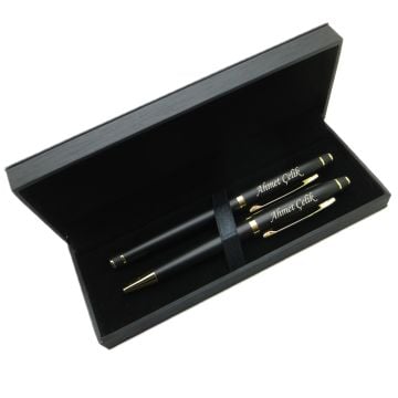 Signator® M440 Mat Siyah Altın Kalem Seti - Roller Kalem + Tükenmez Kalem | İsme Özel Kalem | Hediyelik Kalem