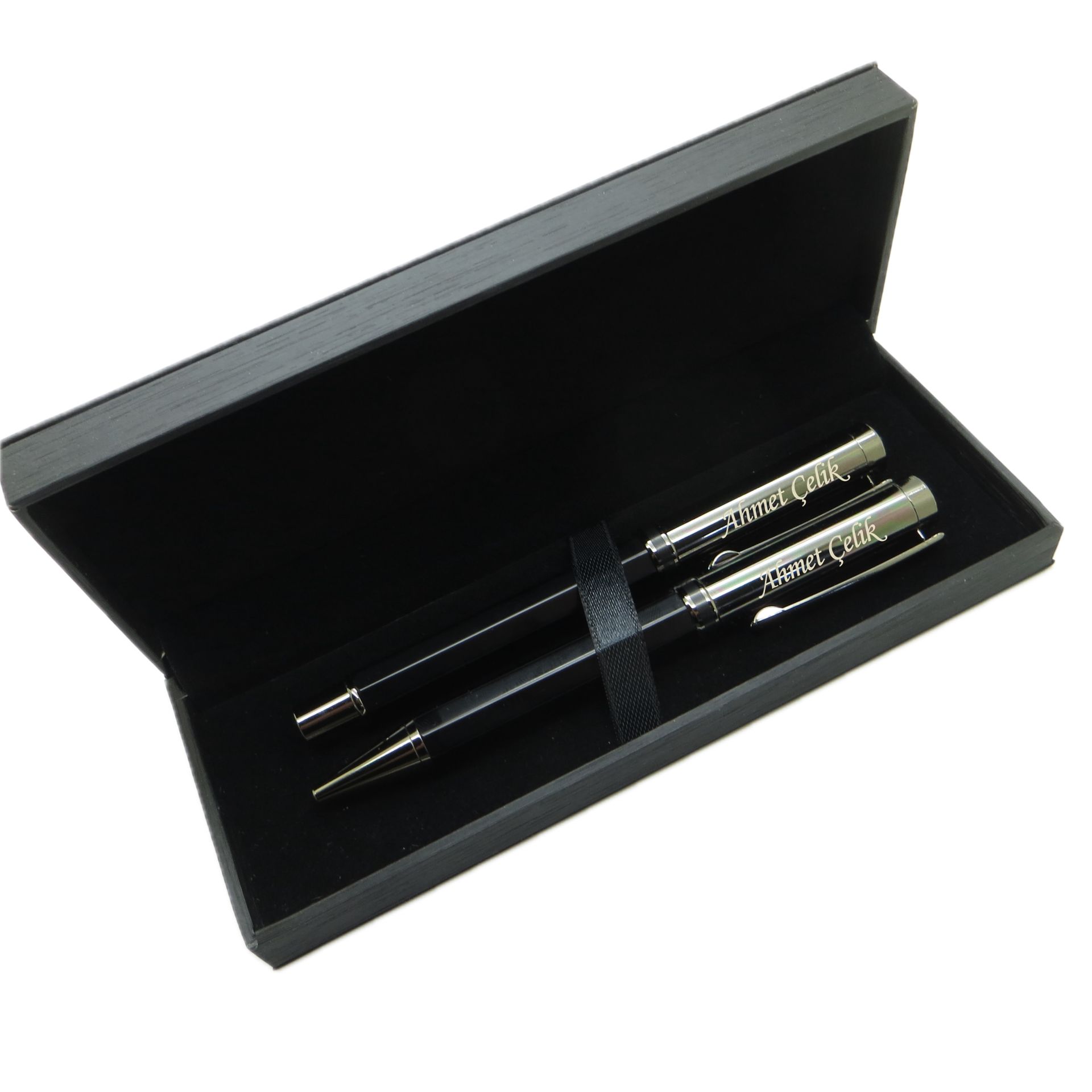 Signator® M455 Titanyum Altıgen Siyah Kalem Seti - Roller Kalem + Tükenmez Kalem | İsme Özel Kalem | Hediyelik Kalem