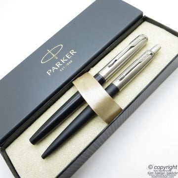 Parker Jotter Metal Siyah Roller Kalem + Tükenmez Kalem Set | İsme Özel Kalem | Hediyelik Kalem