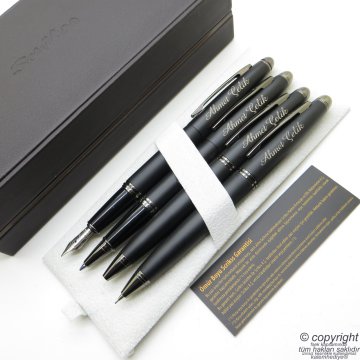 Scrikss 88 4'lü Set Mat Siyah Deri Ahşap Kutulu | Dolma Kalem + Roller Kalem + Tükenmez Kalem + Versatil Kalem Seti | Scrikss Knight | İsme Özel Kalem | Hediyelik Kalem