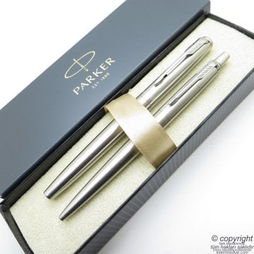 Parker Jotter Metal SS CT Roller Kalem + Tükenmez Kalem Set | İsme Özel Kalem | Hediyelik Kalem