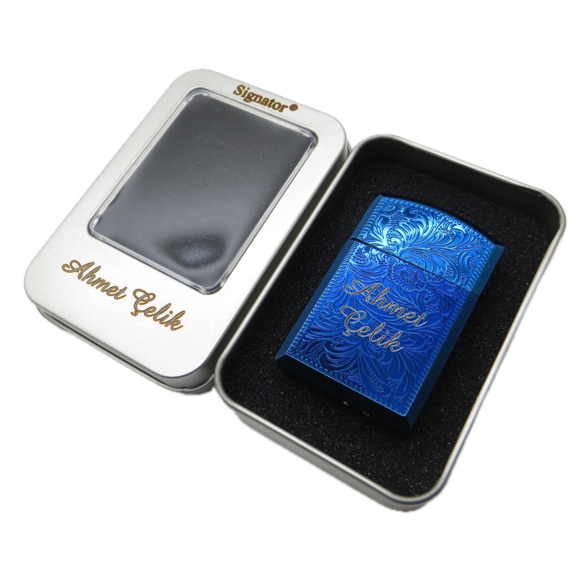 Signator Flame Metallic Blue Desenli Kişiye Özel İsimli Çakmak | Hediyelik Metal Kutusunda