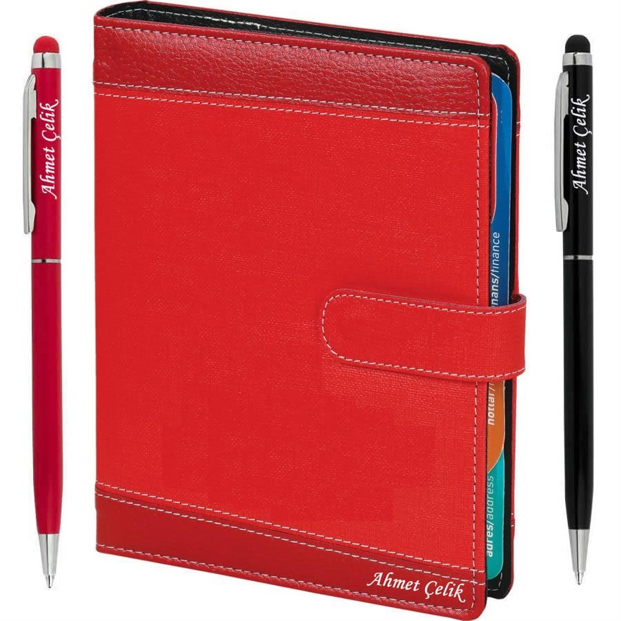 2023 Tarihli Kişiye Özel Mekanizmalı Organizer Ajanda Termo Deri Kırmızı - Kalemli Set | 17x23 | İsme Özel Defter | MS-1010