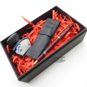 Scrikss İkili Kalem Kılıfı + 419 Bordo Altın Dolma Kalem + Pelikan Mürekkep Hediyelik Set - SVG203
