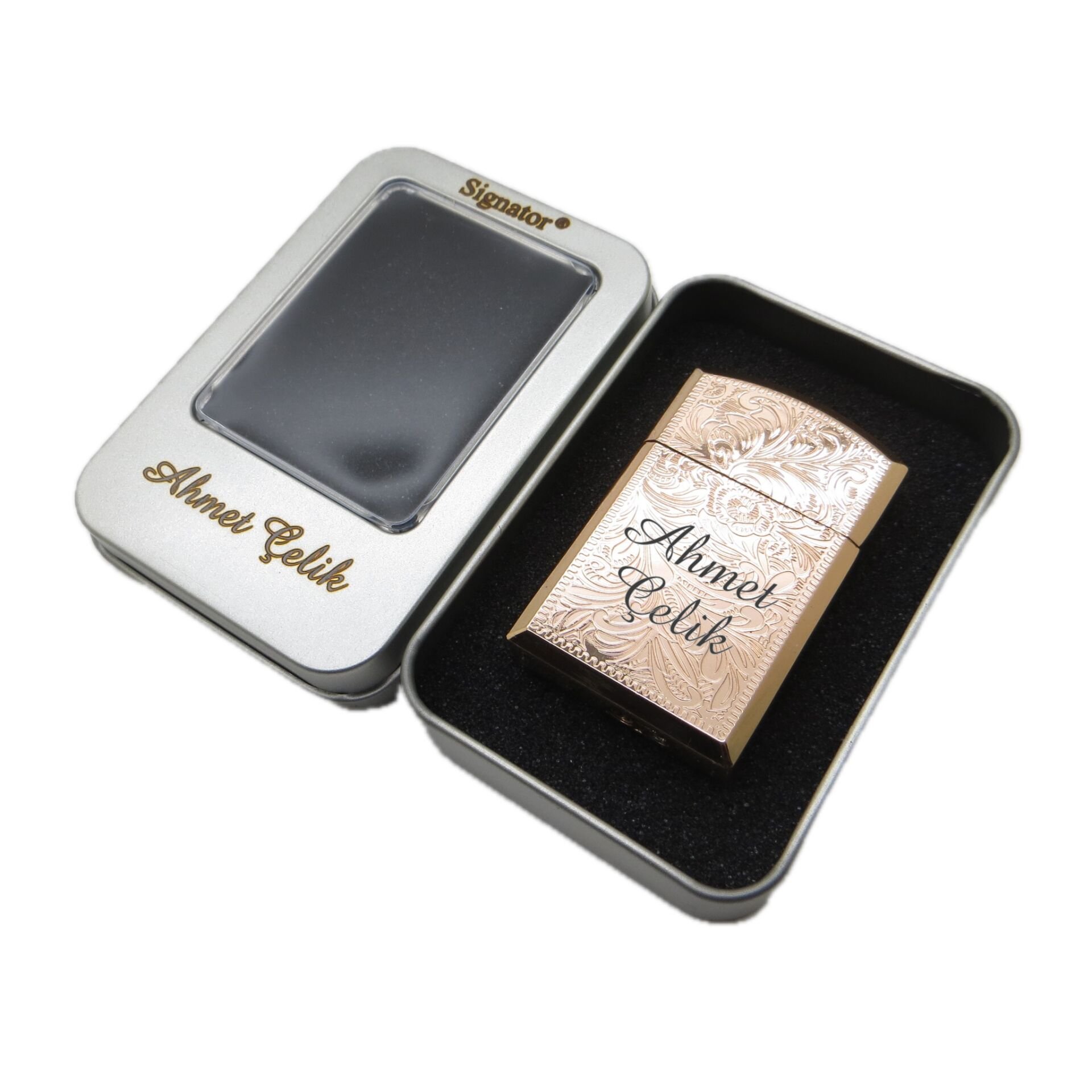 Signator Flame Rose Gold Desenli Kişiye Özel İsimli Çakmak | Hediyelik Metal Kutusunda