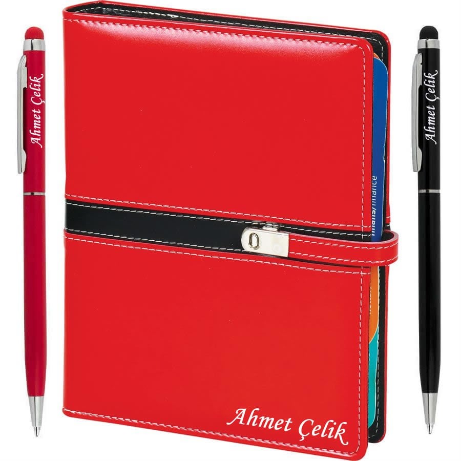 2023 Tarihli Kişiye Özel Mekanizmalı Organizer Ajanda Termo Deri Kırmızı - Kalemli Set | 17x23 | İsme Özel Defter | MS-1060