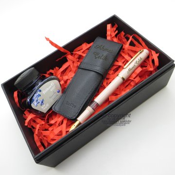 Scrikss İkili Kalem Kılıfı + 419 Pudra Altın Dolma Kalem + Pelikan Mürekkep Hediyelik Set - SVG207