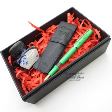 Scrikss İkili Kalem Kılıfı + 419 Yeşil Altın Dolma Kalem + Pelikan Mürekkep Hediyelik Set - SVG209