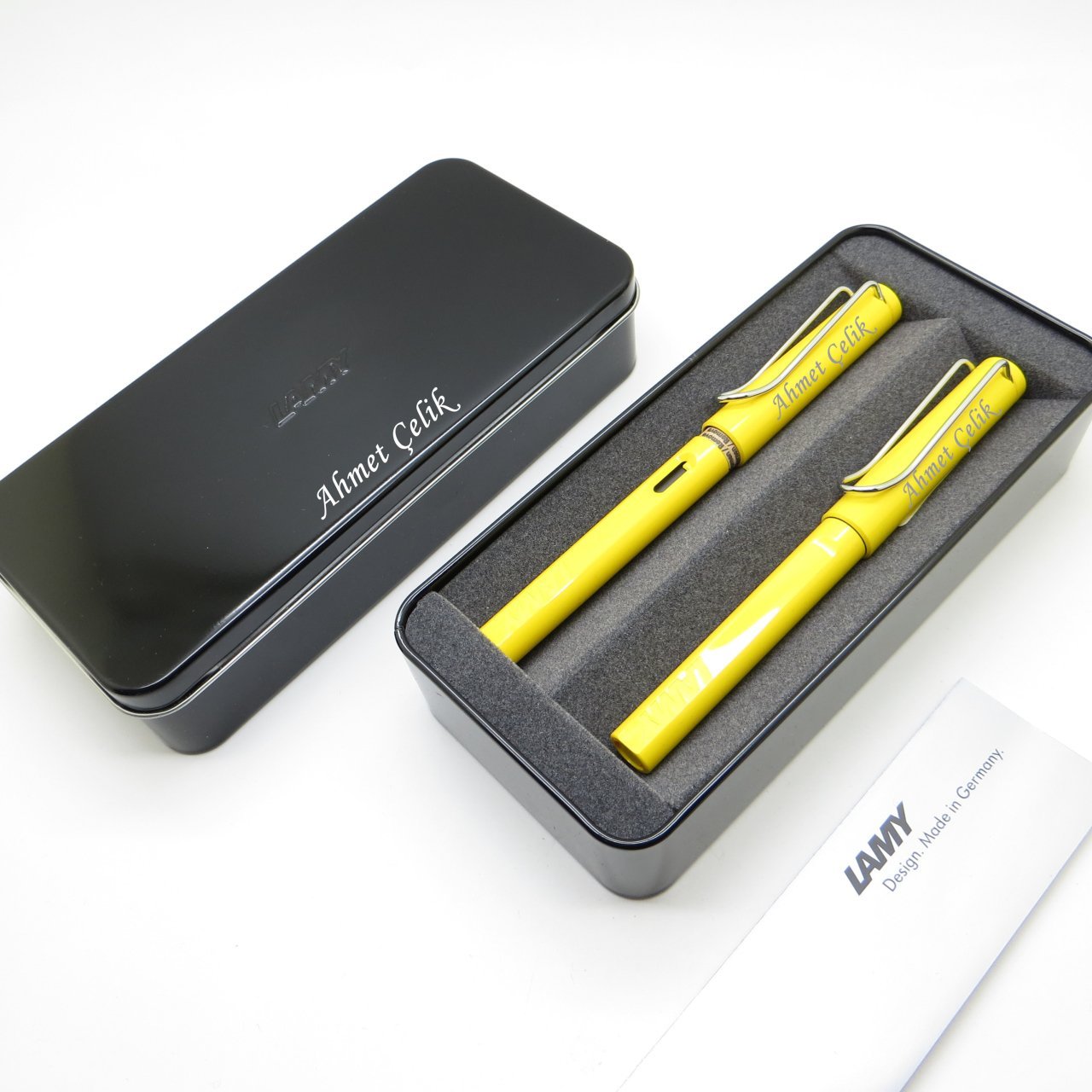 Lamy Safari Sarı Dolma Kalem + Roller Kalem Seti + Metal Kutu | Lamy Kalem | Hepsi İsme Özel