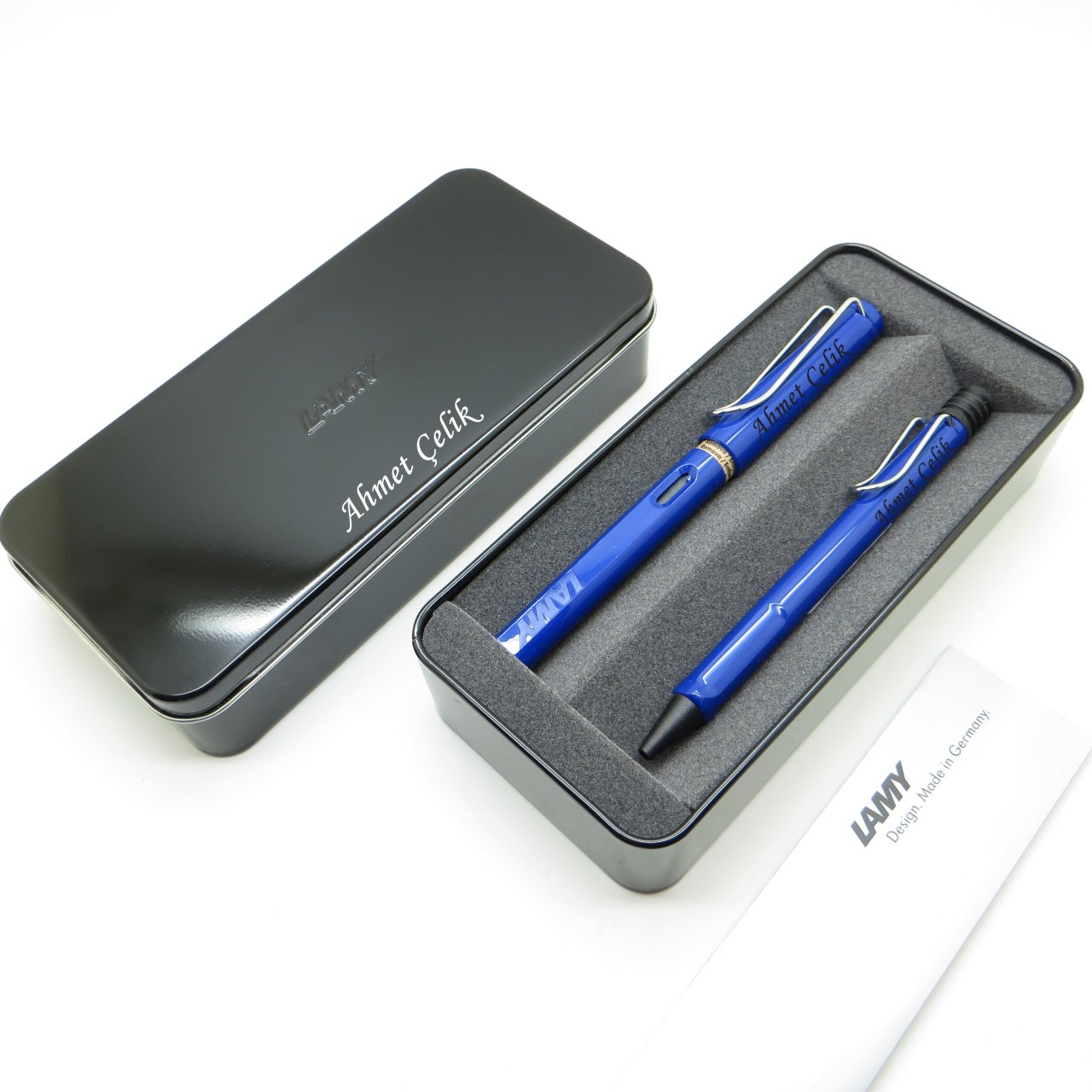 Lamy Safari Mavi Dolma Kalem + Tükenmez Kalem Seti + Metal Kutu | Lamy Kalem | Hepsi İsme Özel