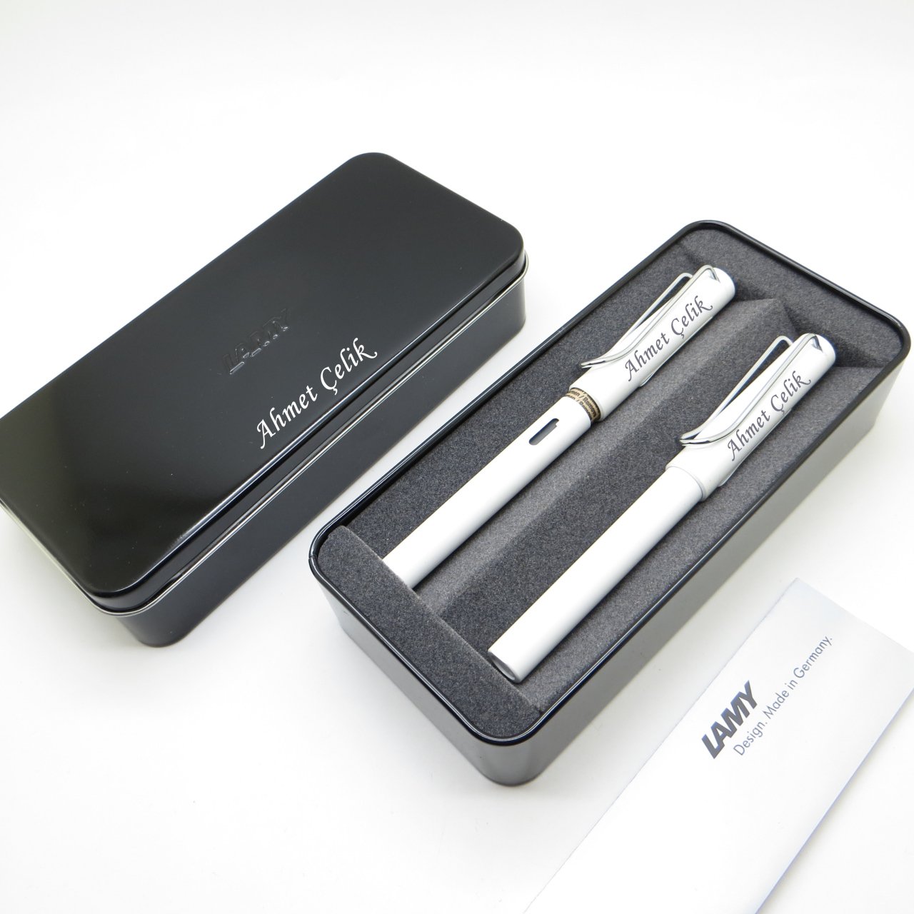 Lamy Safari Beyaz Dolma Kalem + Roller Kalem Seti + Metal Kutu | Lamy Kalem | Hepsi İsme Özel