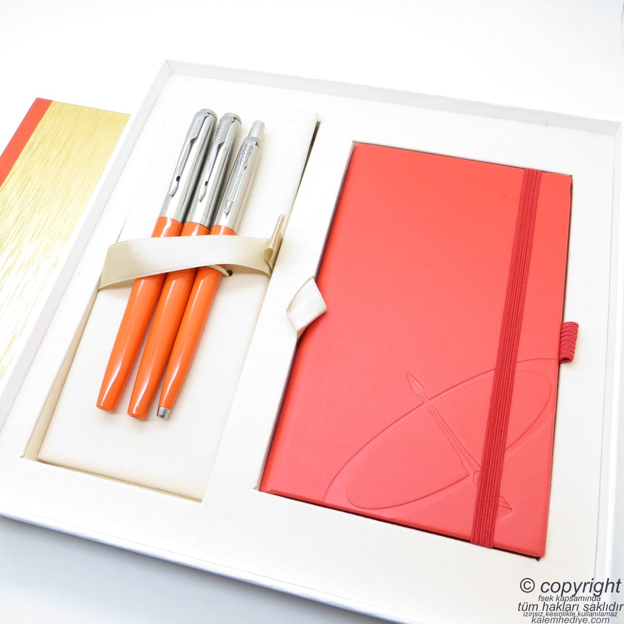 Parker Jotter Original Turuncu İsme Özel Multi Set - Defterli Büyük Kutusunda - Dolma Kalem + Roller Kalem + Tükenmez Kalem | Hediyelik Kalem
