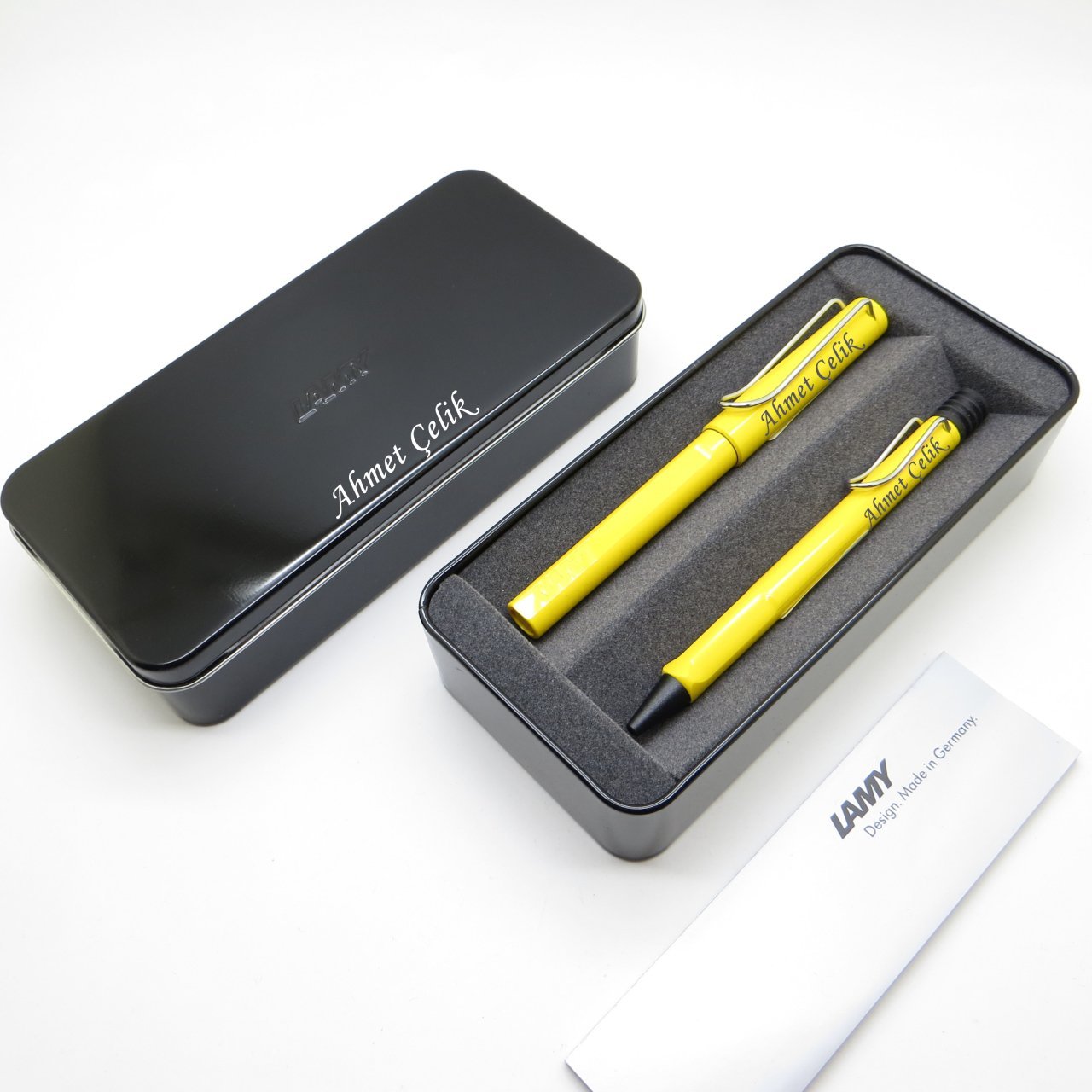 Lamy Safari Sarı Roller Kalem + Tükenmez Kalem Seti + Metal Kutu | Lamy Kalem | Hepsi İsme Özel