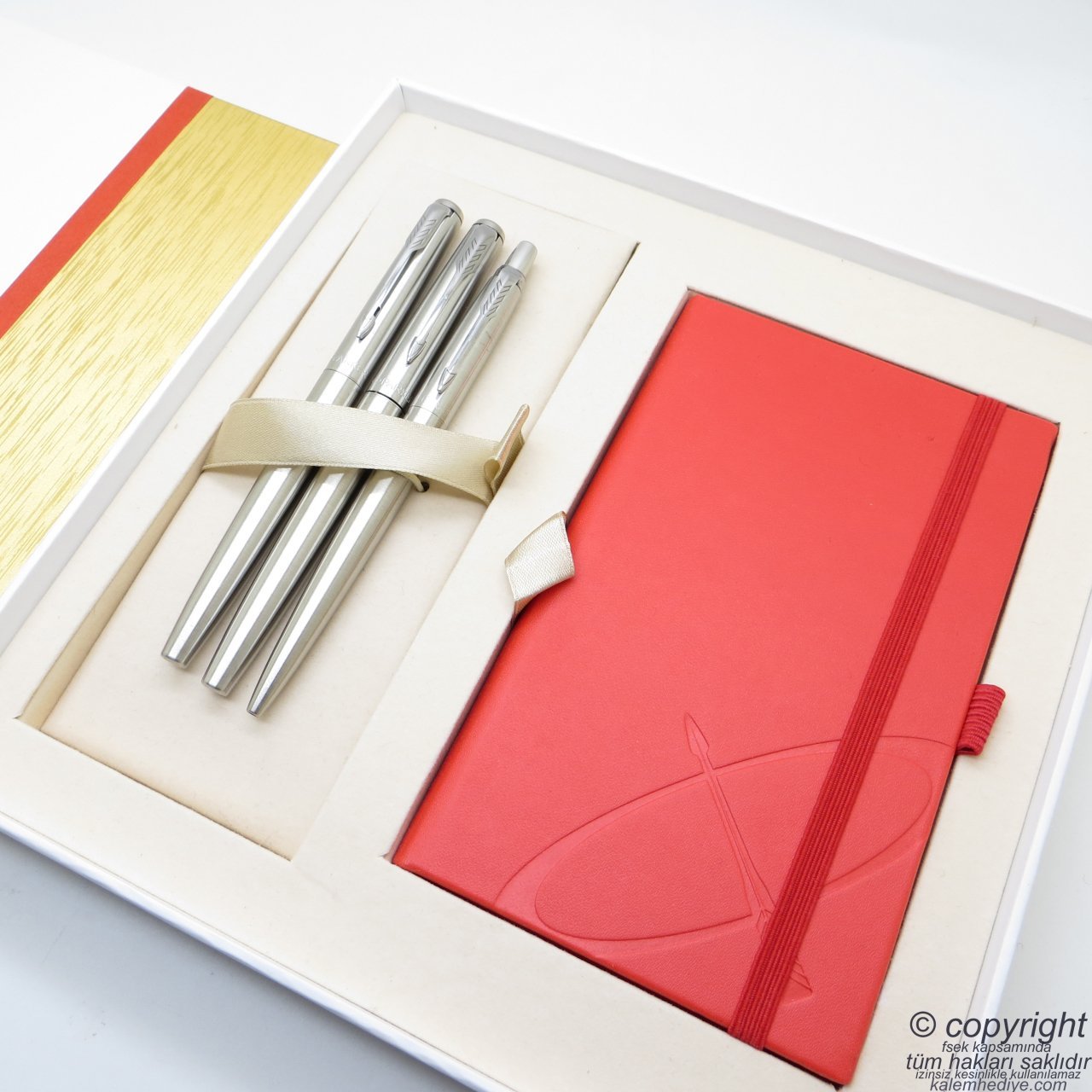 Parker Jotter Metal SS CT İsme Özel Multi Set - Defterli Büyük Kutusunda - Dolma Kalem + Roller Kalem + Tükenmez Kalem | Hediyelik Kalem