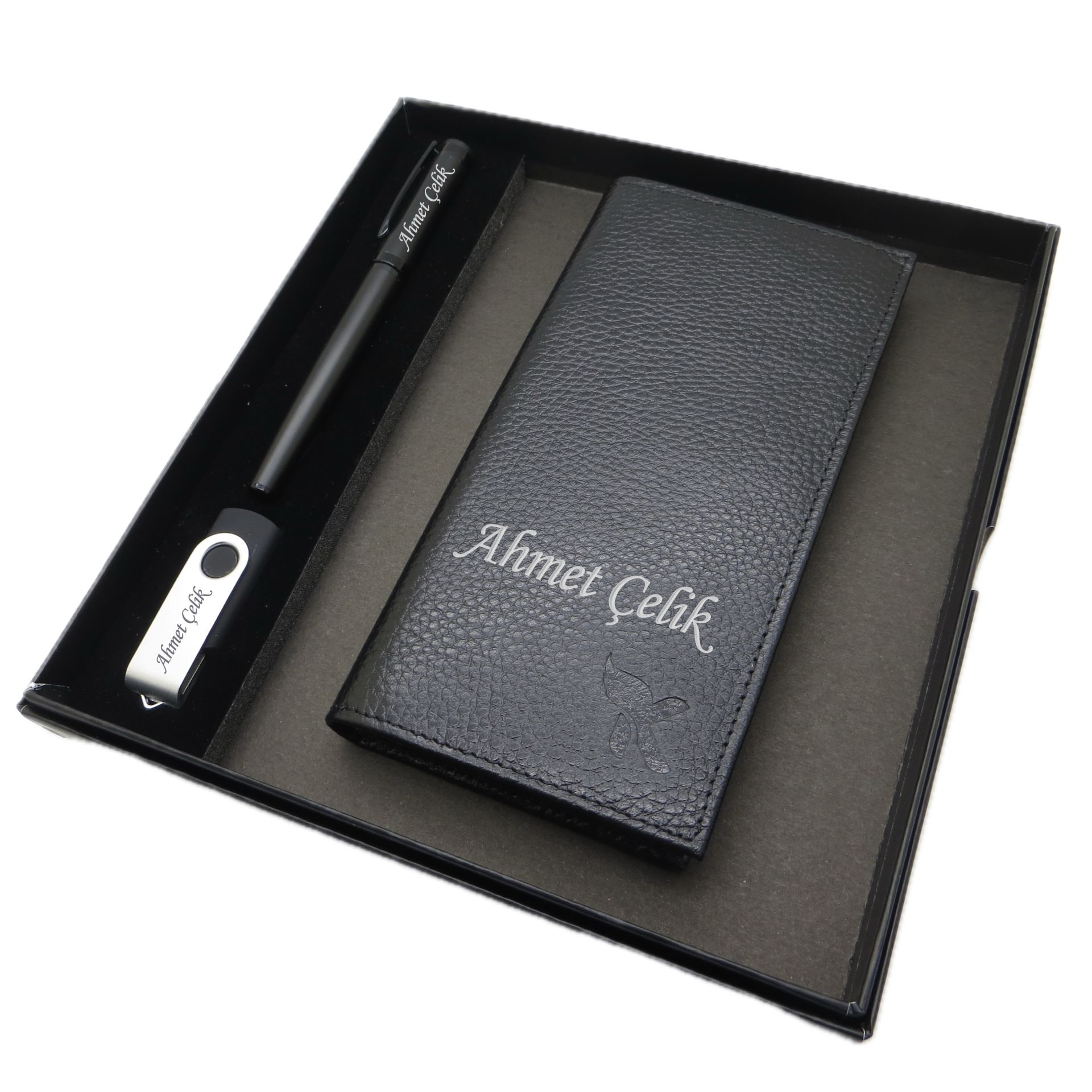 Kişiye Özel Deri Portföy Cüzdan (Telefon Bölmeli) Usb Bellek ve Kalem Seti | Mat Siyah Kalem + Hakiki Deri & El İşciliği Cüzdan Seti | İsme Özel Hediyelik Set