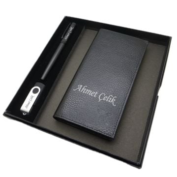 Kişiye Özel Deri Portföy Cüzdan (Telefon Bölmeli) Usb Bellek ve Kalem Seti | Mat Siyah Kalem + Hakiki Deri & El İşciliği Cüzdan Seti | İsme Özel Hediyelik Set