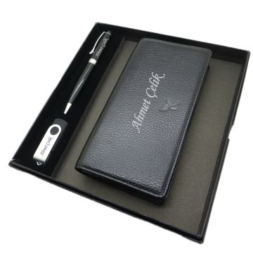 Kişiye Özel Deri Portföy Cüzdan (Telefon Bölmeli) Usb Bellek ve Kalem Seti | Mat Siyah Kalem + Hakiki Deri & El İşciliği Cüzdan Seti | İsme Özel Hediyelik Set