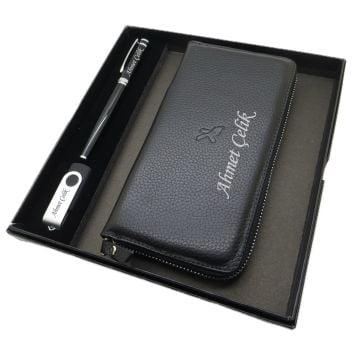 Kişiye Özel Deri Portföy Cüzdan (Telefon Bölmeli) Usb Bellek ve Kalem Seti | Pierre Cardin Kalem + Hakiki Deri & El İşciliği Cüzdan Seti | İsme Özel Hediyelik Set