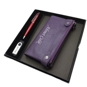 Kişiye Özel Deri Portföy Cüzdan (Telefon Bölmeli) Usb Bellek ve Kalem Seti | Kırmızı Kalem + Hakiki Deri & El İşciliği Cüzdan Seti | İsme Özel Hediyelik Set