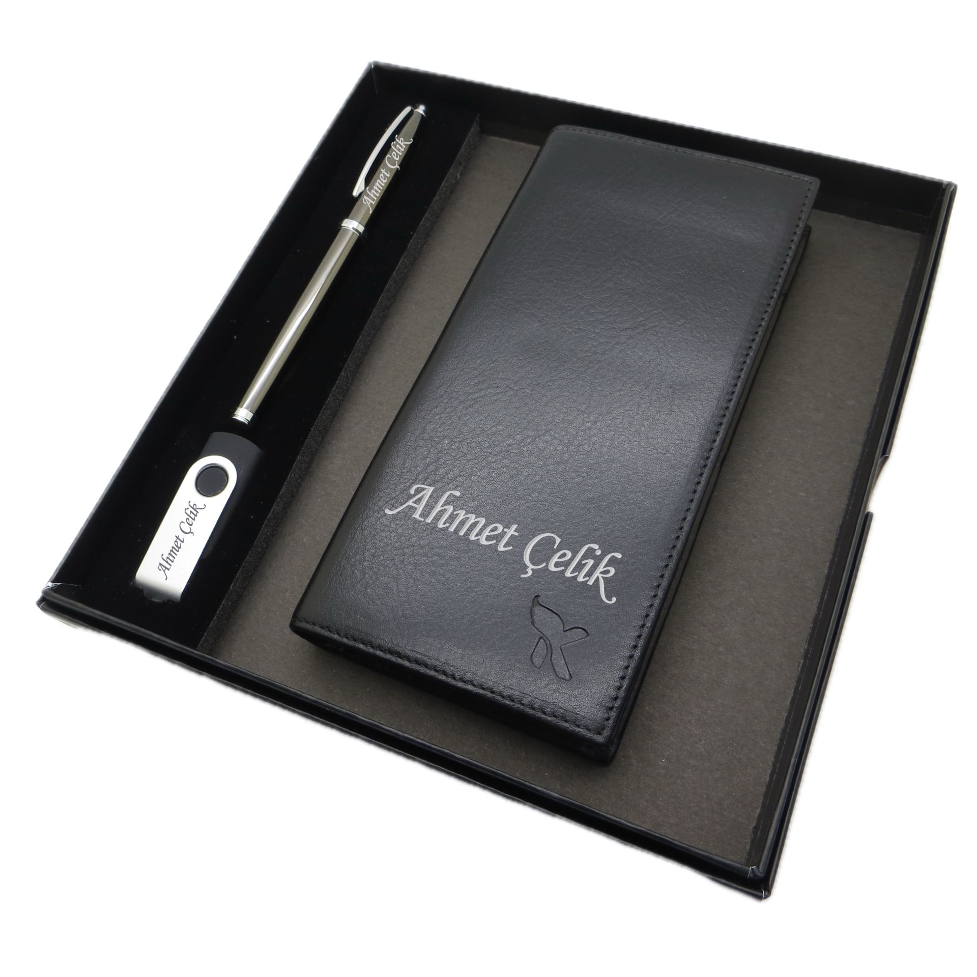 Kişiye Özel Deri Portföy Cüzdan (Telefon Bölmeli) Usb Bellek ve Kalem Seti | Scrikss Kalem + Hakiki Deri & El İşciliği Cüzdan Seti | İsme Özel Hediyelik Set