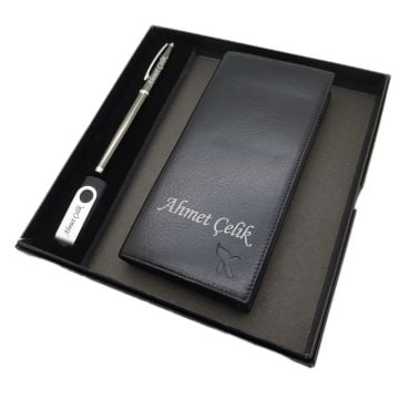 Kişiye Özel Deri Portföy Cüzdan (Telefon Bölmeli) Usb Bellek ve Kalem Seti | Scrikss Kalem + Hakiki Deri & El İşciliği Cüzdan Seti | İsme Özel Hediyelik Set