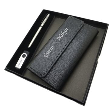 Kişiye Özel Deri Portföy Cüzdan (Telefon Bölmeli) Usb Bellek ve Kalem Seti | Scrikss Kalem + Hakiki Deri & El İşciliği Cüzdan Seti | İsme Özel Hediyelik Set