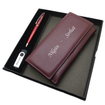 Kişiye Özel Deri Portföy Cüzdan (Telefon Bölmeli) Usb Bellek ve Kalem Seti | Kalem + Hakiki Deri & El İşciliği Cüzdan Seti | İsme Özel Hediyelik Set