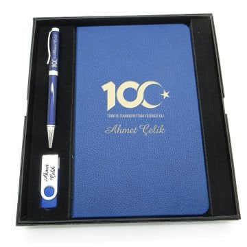 Yüzüncü Yıl (100. Yıl) Özel Set - Kalem + Defter Usb Bellek Set - İsme Özel