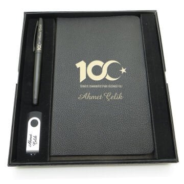 Yüzüncü Yıl (100. Yıl) Özel Set - Kalem + Defter Usb Bellek Set - İsme Özel