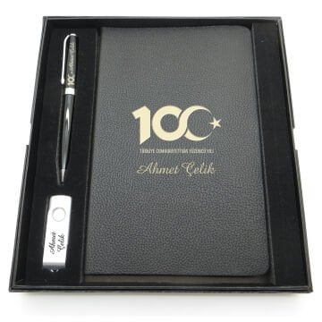 Yüzüncü Yıl (100. Yıl) Özel Set - Kalem + Defter Usb Bellek Set - İsme Özel