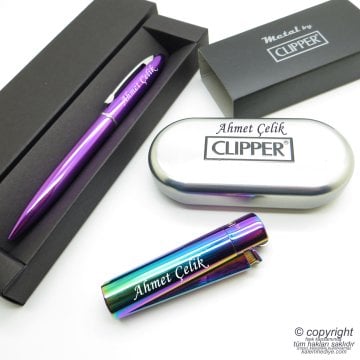 İsme Özel Clipper Parlak Gökkuşağı Metal & Kutulu Çakmak + İsme Özel Kalem