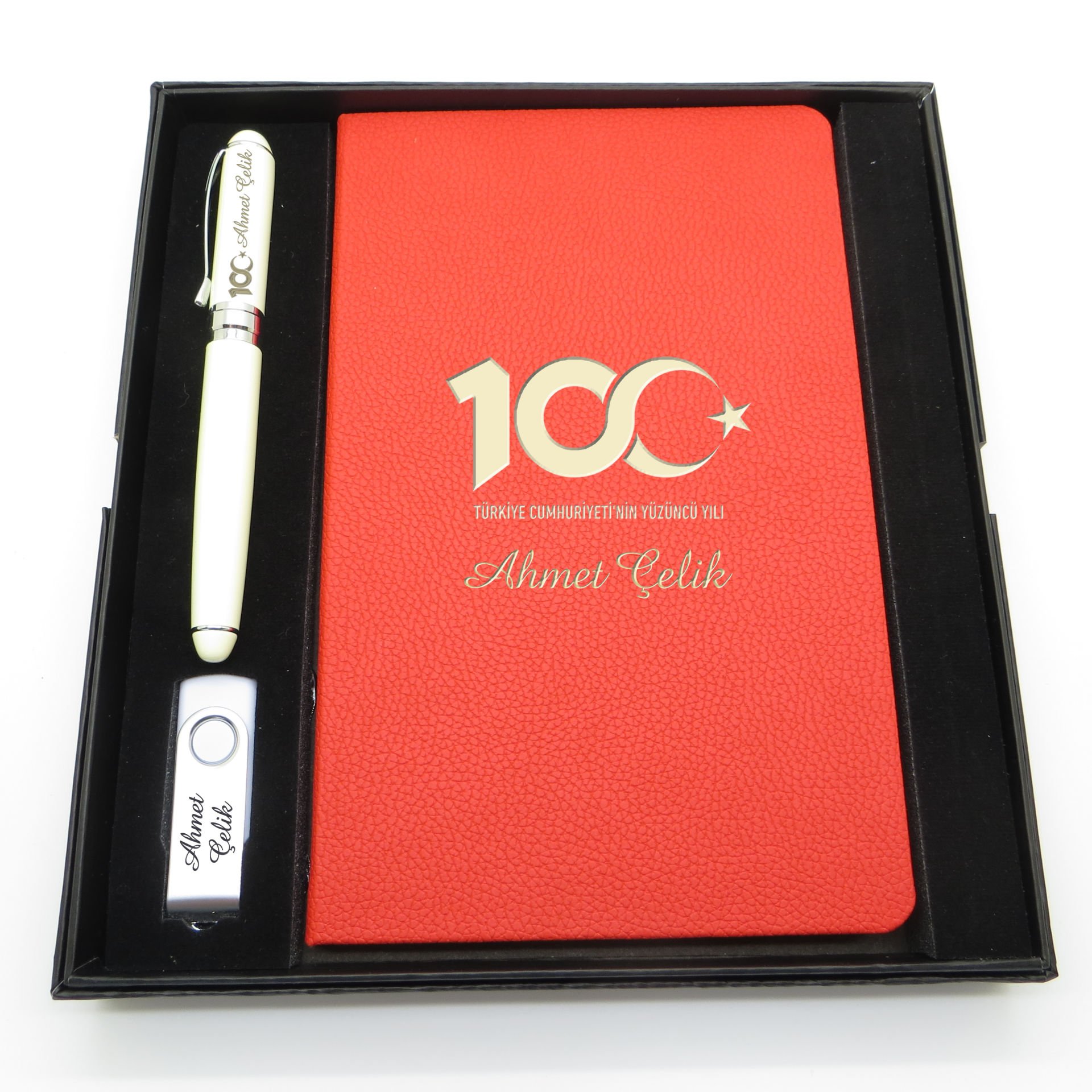 Yüzüncü Yıl (100. Yıl) Özel Set - Dolma Kalem + Defter Usb Bellek Set - İsme Özel