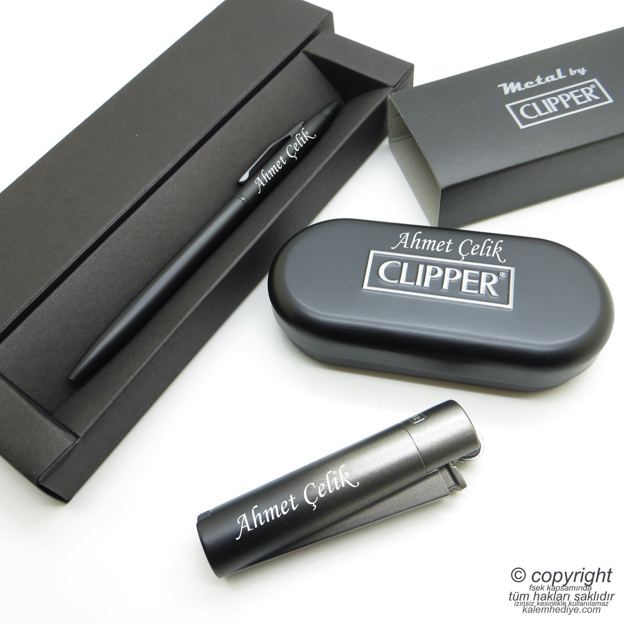 İsme Özel Clipper Mat Füme Metal & Kutulu Çakmak + İsme Özel Kalem