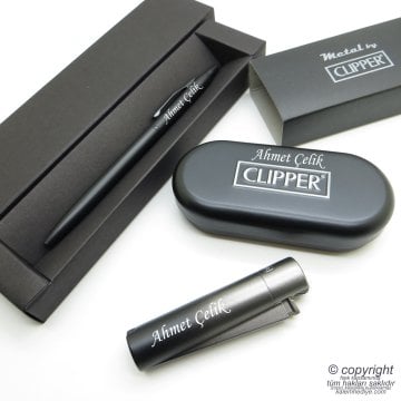 İsme Özel Clipper Mat Füme Metal & Kutulu Çakmak + İsme Özel Kalem