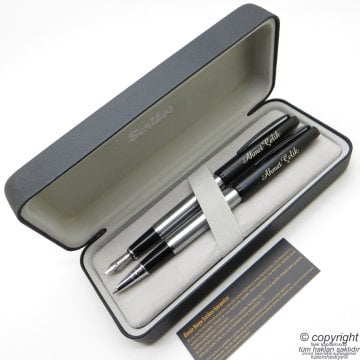 Scrikss Special Mat Siyah Krom İsme Özel Dolma Kalem + Roller Kalem Set