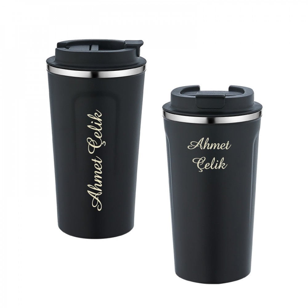 Wings Mat Siyah İsme Özel Çelik Termos 450ml. | 304 Paslanmaz Çelik - Kaydırmaz Taban - Kilitli Kapak