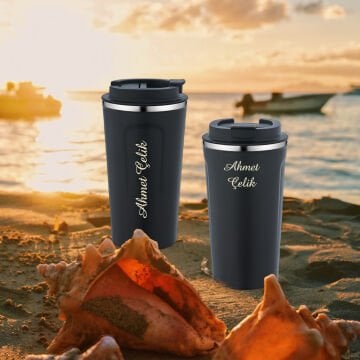 Wings Mat Siyah İsme Özel Çelik Termos 450ml. | 304 Paslanmaz Çelik - Kaydırmaz Taban - Kilitli Kapak