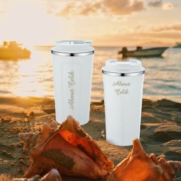Wings Beyaz İsme Özel Çelik Termos 450ml. | 304 Paslanmaz Çelik - Kaydırmaz Taban - Kilitli Kapak