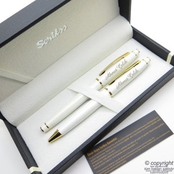 Scrikss 35 Beyaz Altın Roller Kalem + Tükenmez Kalem Seti | İsme Özel Kalem Takımı