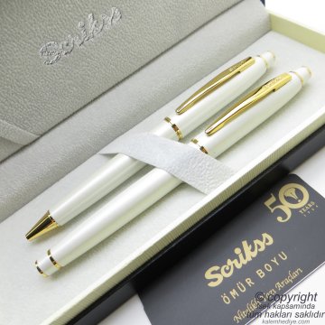 Scrikss 35 Beyaz Altın Roller Kalem + Tükenmez Kalem Seti | İsme Özel Kalem Takımı