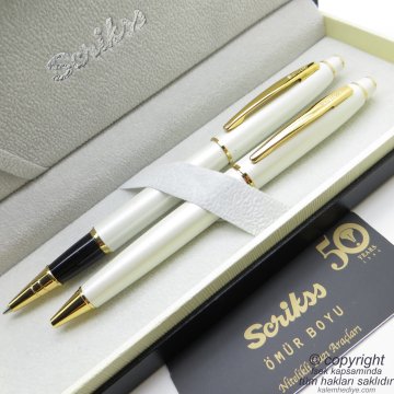 Scrikss 35 Beyaz Altın Roller Kalem + Tükenmez Kalem Seti | İsme Özel Kalem Takımı