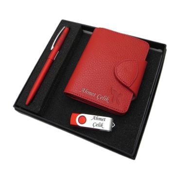 Signator D253 Kişiye Özel Set - Kırmızı Deri Cüzdan Kartlık + 32Gb Usb Bellek + Kalem Seti | İsme Özel Hediyelik Set