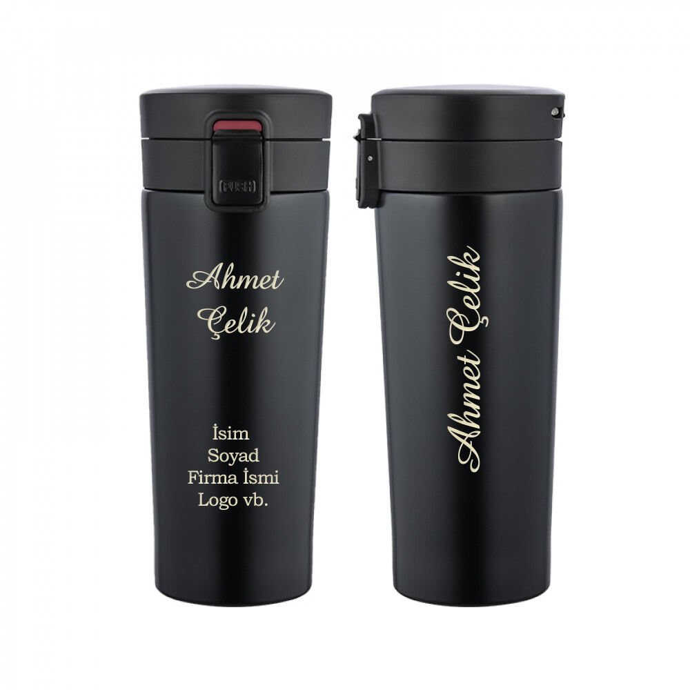 Wings Stainless Steel Mat Siyah İsme Özel Çelik Termos 500ml. | 304 Paslanmaz Çelik - Kaydırmaz Taban - Kilitli Kapak - Hava Çıkışlı - Sızdırmaz